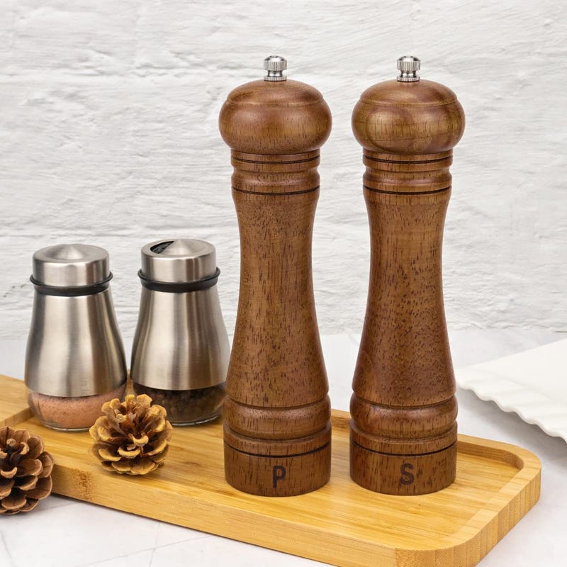XWXO Wood Salt and Pepper Grinder Set, Salt Mill Pepper Grinder Set, Pepper Mill, Salt Shakers with Adjustable Ceramic Rotor- Oak Wood Pepper Grinder for Your Kitchen 8 inches - Pack of 2 - Image 5